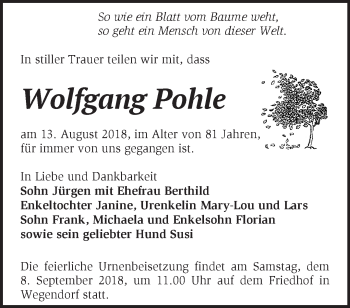 Traueranzeige von Wolfgang Pohle von Märkische Oderzeitung