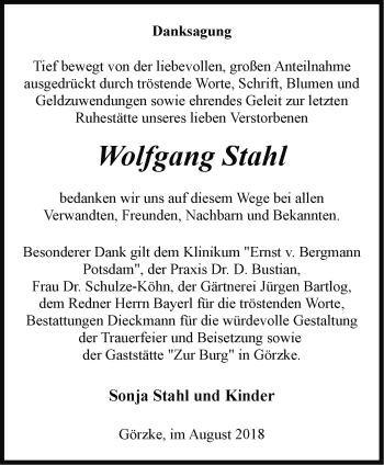 Traueranzeige von Wolfgang Stahl von Märkische Oderzeitung