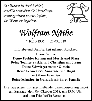 Traueranzeige von Wolfram Näthe von Märkische Oderzeitung