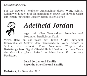 Traueranzeige von Adelheid Jordan von Märkische Oderzeitung