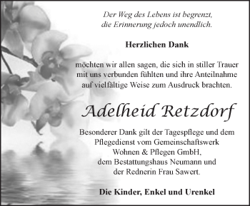 Traueranzeige von Adelheid Retzdorf von Märkische Oderzeitung