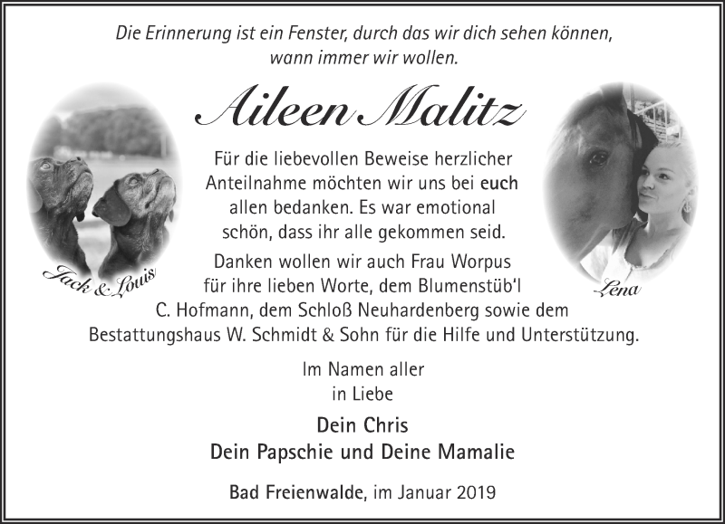  Traueranzeige für Aileen Malitz vom 13.01.2019 aus Märkische Oderzeitung