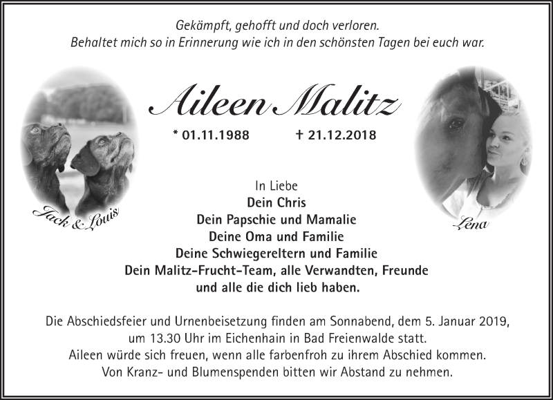  Traueranzeige für Aileen Malitz vom 02.01.2019 aus Märkische Oderzeitung