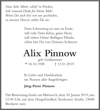 Traueranzeige von Alix Pinnow von Märkische Oderzeitung