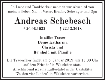 Traueranzeige von Andreas Schebesch von Märkische Oderzeitung