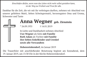 Traueranzeige von Anna Wegner von Märkische Oderzeitung