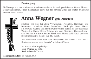 Traueranzeige von Anna Wegner von Märkische Oderzeitung