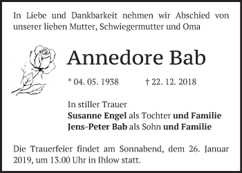 Traueranzeige von Annedore Bab von Märkische Oderzeitung