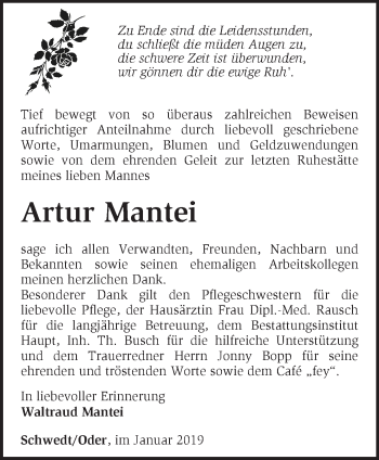 Traueranzeige von Artur Mantei von Märkische Oderzeitung