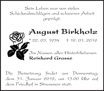 Traueranzeige von August Birkholz von Märkische Oderzeitung