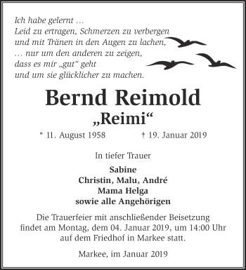 Traueranzeige von Bernd Reimold von Märkische Oderzeitung