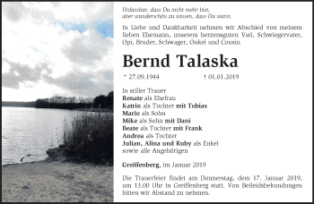 Traueranzeige von Bernd Talaska von Märkische Oderzeitung