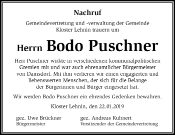 Traueranzeige von Bodo Puschner von Märkische Oderzeitung