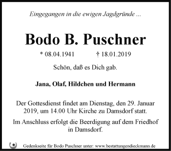 Traueranzeige von Bodo B. Puschner von Märkische Oderzeitung