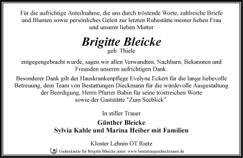 Traueranzeige von Brigitte Bleicke von Märkische Oderzeitung