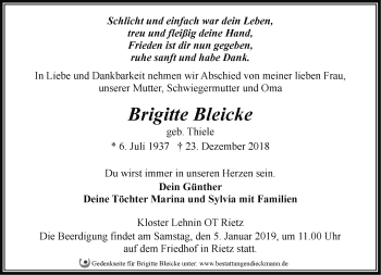 Traueranzeige von Brigitte Bleicke von Märkische Oderzeitung