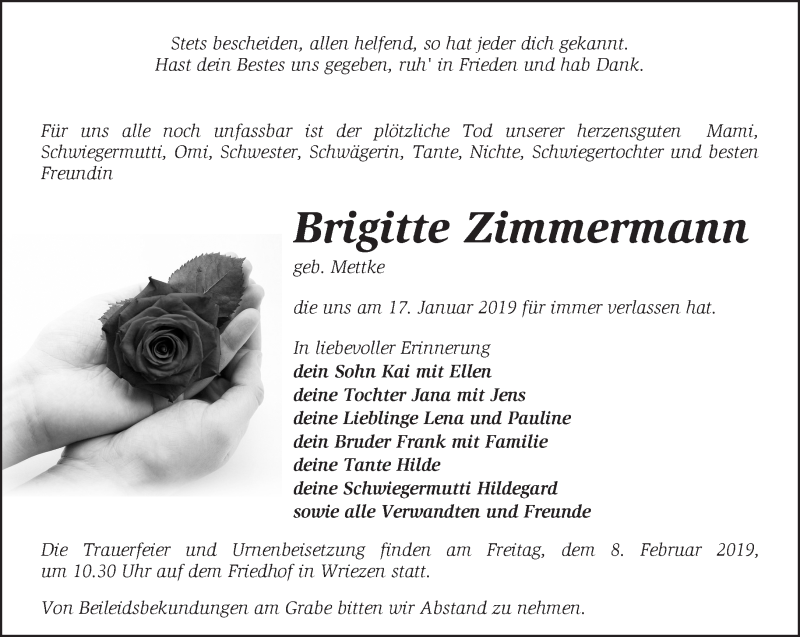  Traueranzeige für Brigitte Zimmermann vom 26.01.2019 aus Märkische Oderzeitung