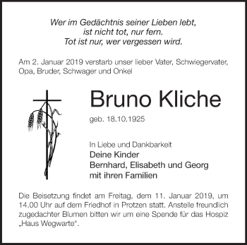 Traueranzeige von Bruno Kliche von Märkische Oderzeitung