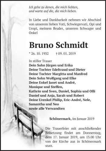 Traueranzeige von Bruno Schmidt von Märkische Oderzeitung