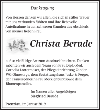 Traueranzeige von Christa Berude von Märkische Oderzeitung