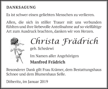 Traueranzeige von Christa Frädrich von Märkische Oderzeitung