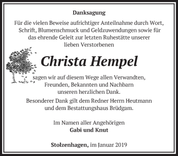 Traueranzeige von Christa Hempel von Märkische Oderzeitung