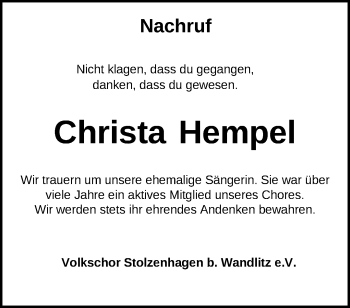 Traueranzeige von Christa Hempel von Märkische Oderzeitung