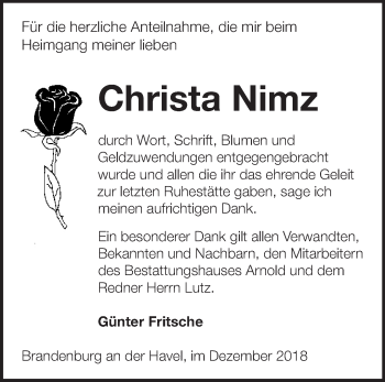 Traueranzeige von Christa Nimz von Märkische Oderzeitung