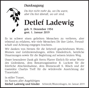 Traueranzeige von Detlef Ladewig von Märkische Oderzeitung