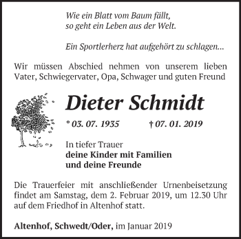 Traueranzeige von Dieter Schmidt von Märkische Oderzeitung