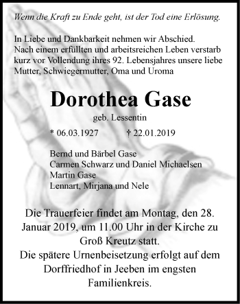 Traueranzeige von Dorothea Gase von Märkische Oderzeitung