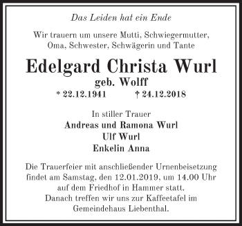 Traueranzeige von Edelgard Christa Wurl von Märkische Oderzeitung