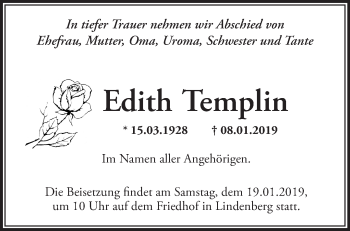 Traueranzeige von Edith Templin von Märkische Oderzeitung