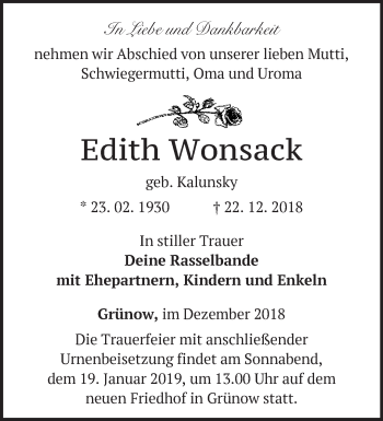 Traueranzeige von Edith Wonsack von Märkische Oderzeitung