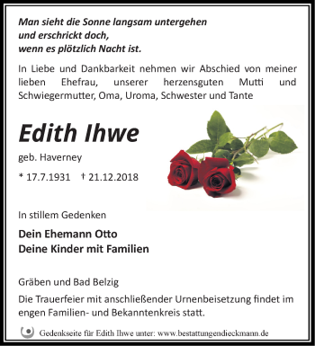 Traueranzeige von Edith lhwe von Märkische Oderzeitung