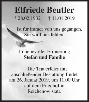 Traueranzeige von Elfriede Beutler von Märkische Oderzeitung