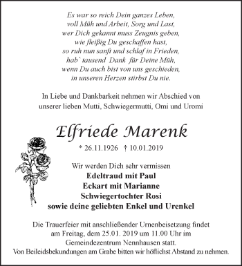 Traueranzeige von Elfriede Marenk von Märkische Oderzeitung