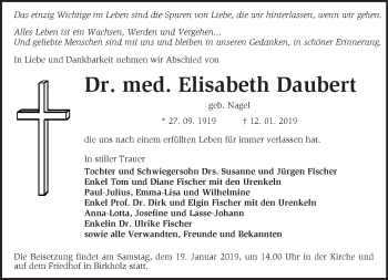 Traueranzeige von Elisabeth Daubert von Märkische Oderzeitung