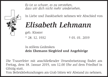 Traueranzeige von Elisabeth Lehmann von Märkische Oderzeitung