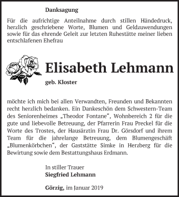 Traueranzeige von Elisabeth Lehmann von Märkische Oderzeitung