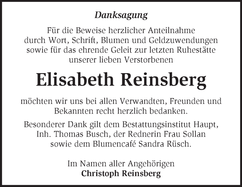  Traueranzeige für Elisabeth Reinsberg vom 20.01.2019 aus Märkische Oderzeitung