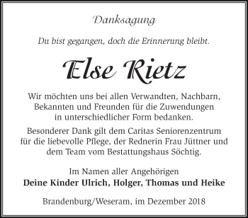 Traueranzeige von Else Rietz von Märkische Oderzeitung