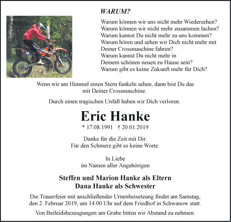  Traueranzeige für Eric Hanke vom 26.01.2019 aus Märkische Oderzeitung