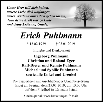 Traueranzeige von Erich Puhlmann von Märkische Oderzeitung