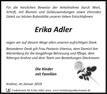 Traueranzeige von Erika Adler von Märkische Oderzeitung