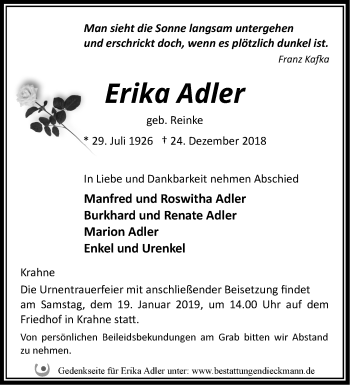 Traueranzeige von Erika Adler von Märkische Oderzeitung