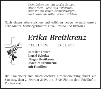 Traueranzeige von Erika Breitkreuz von Märkische Oderzeitung