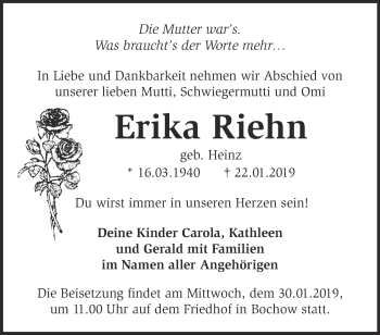 Traueranzeige von Erika Riehn von Märkische Oderzeitung