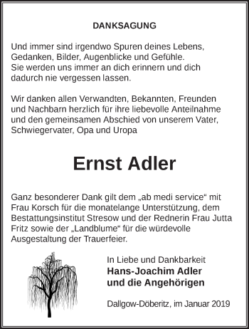 Traueranzeige von Ernst Adler von Märkische Oderzeitung