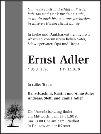 Traueranzeige von Ernst Adler von Märkische Oderzeitung